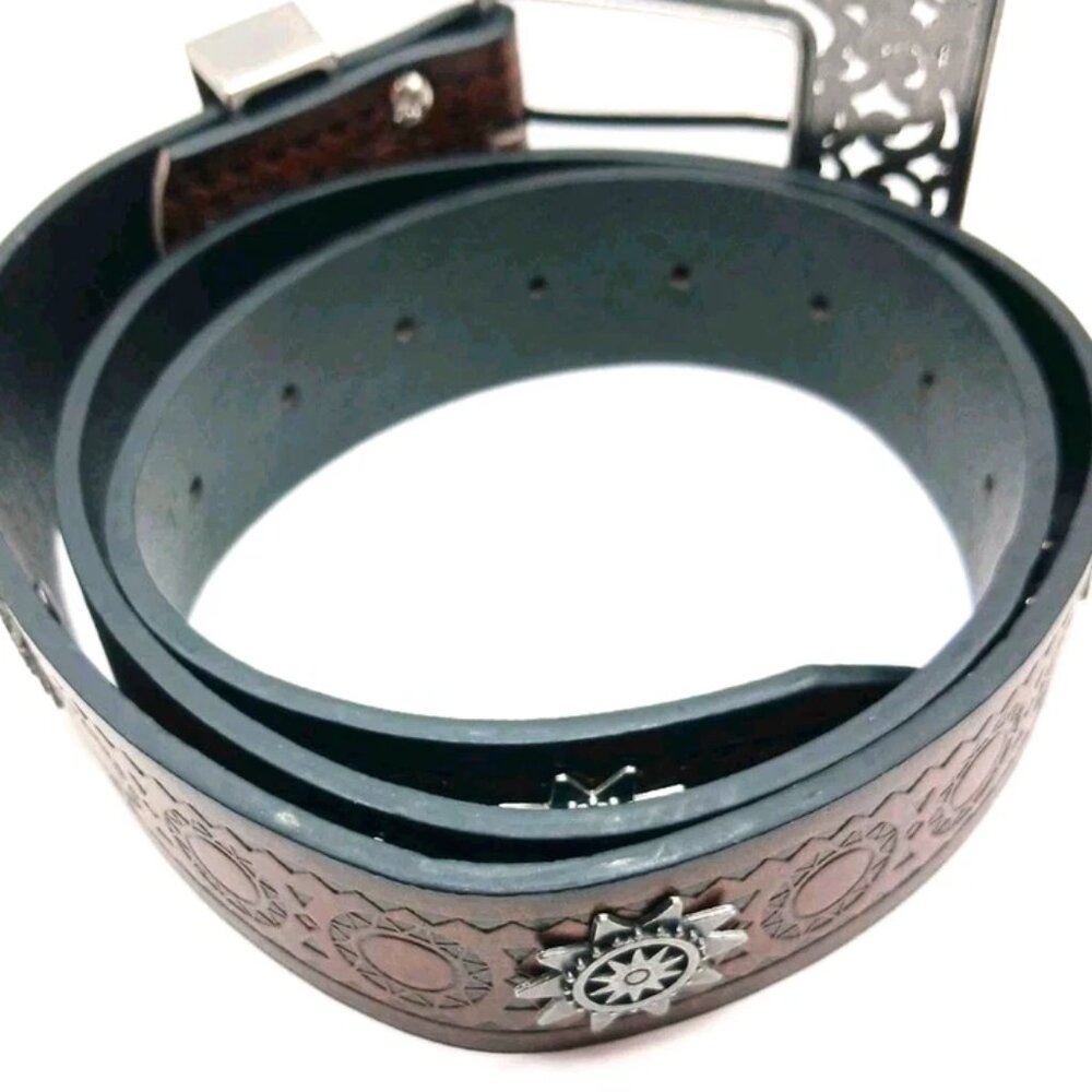 Womens Brown Leather Belt Waist Size 29 To 35 With Large Filagree Buckle New - Picture 3 of 9